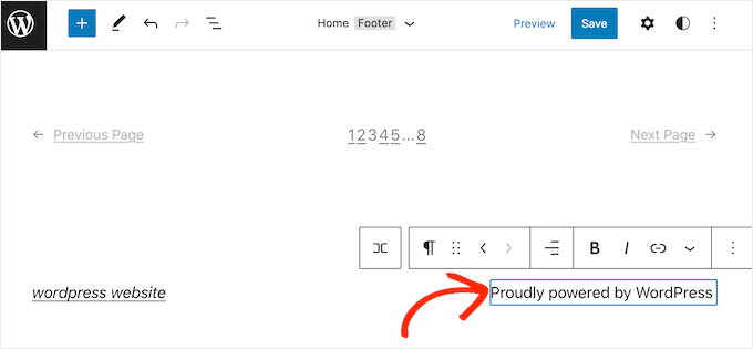 使用完整的网站编辑器编辑“自豪地由WordPress提供支持”信用