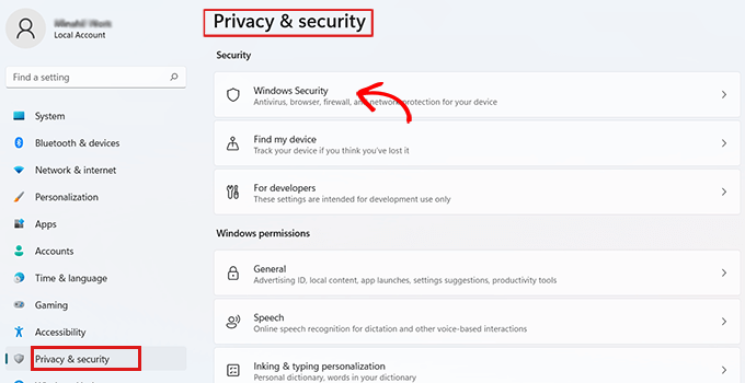 转到“隐私和安全”，然后选择“Windows 安全中心”