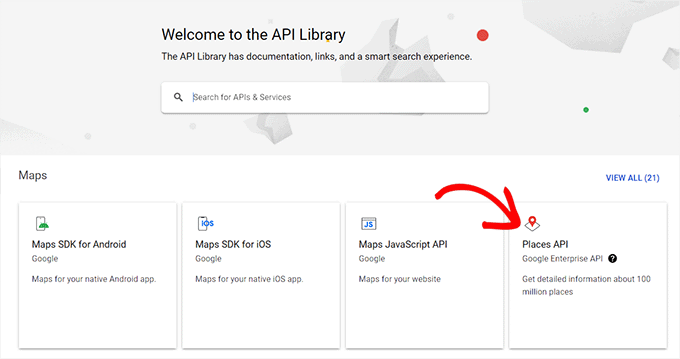 在 API 库中选择 Places API 选项