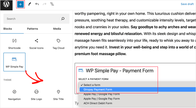 将 WP Simple Pay 块添加到现有帖子或页面
