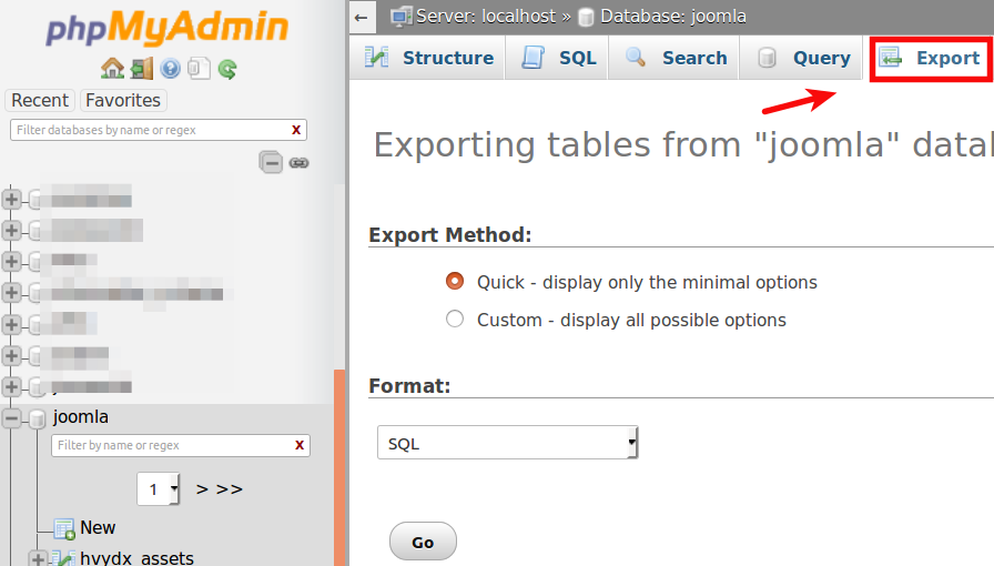 如何使用phpMyAdmin导出Joomla数据库