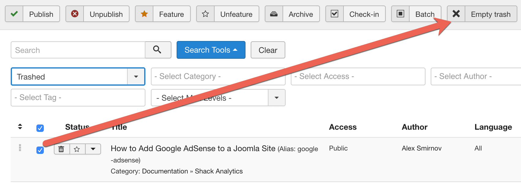 如何从Joomla垃圾箱中删除文章