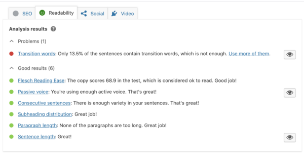 Yoast SEO 中转换词检查的屏幕截图