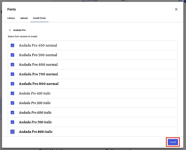 Selecting a font and installing it via the Font LIbrary in FSE