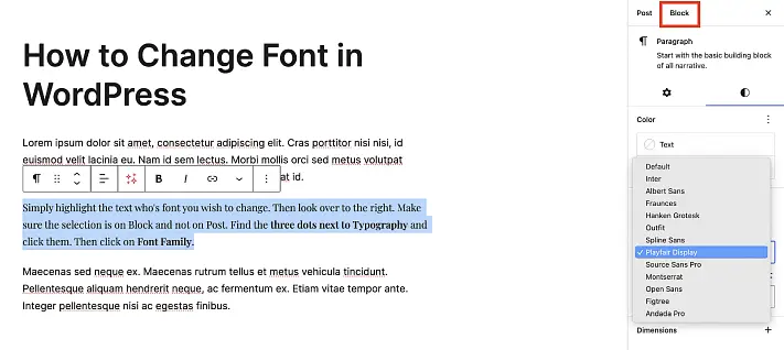 Showing how to change fonts locally in the block editor
