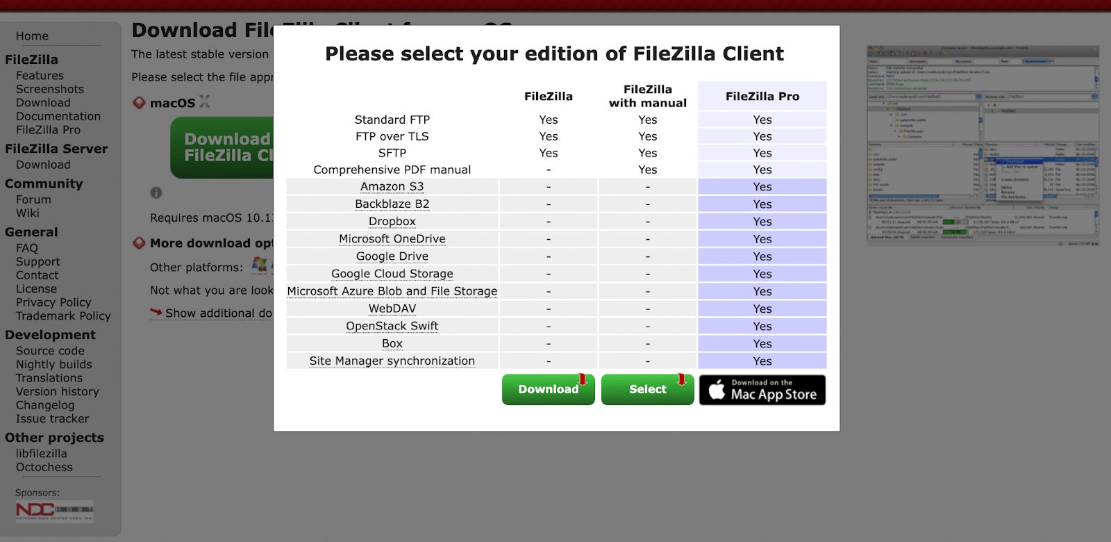 选择操作系统后，您应该会看到以下弹出窗口。只需选择左侧的标准 FileZilla 选项。