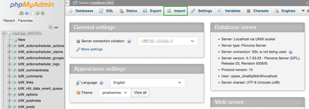 转到控制面板，找到“数据库”部分，然后打开 phpMyAdmin。